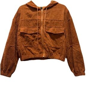 Zaful Women's Corduroy Cropped Utility Zip Up Jacket in Warm Brown/Rust